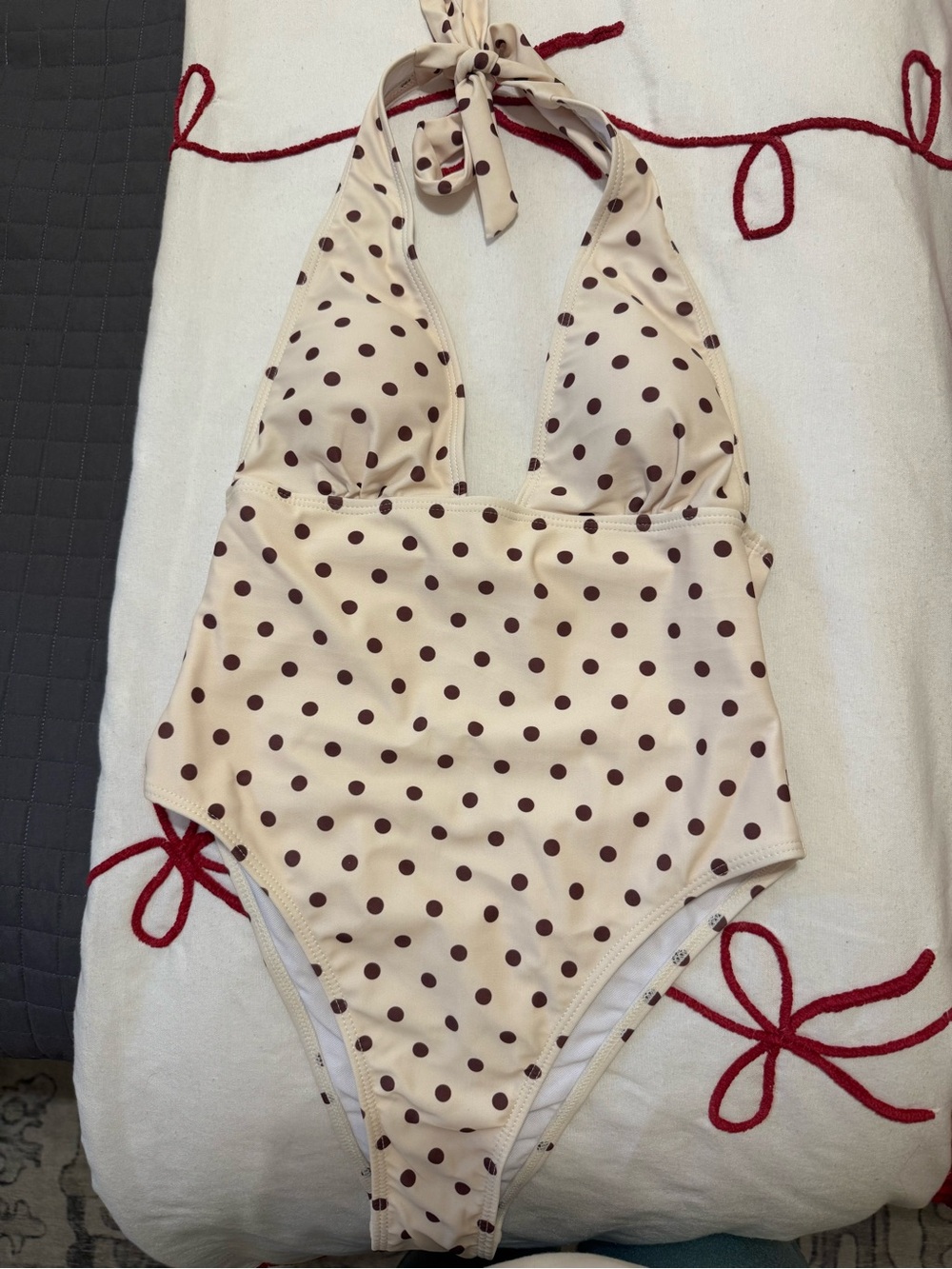 Polka Dot Halter One-Piece Swimsuit - Cream & Brown